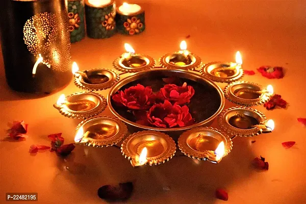 Diya Shape Flower Brass Decorative Urli Bowl for Home Handcrafted Bowl for Floating Flowers and Tea Light Candles Home ,Office and Table Decor| Diwali Decoration Items for Home ( 10 Inches)-thumb3
