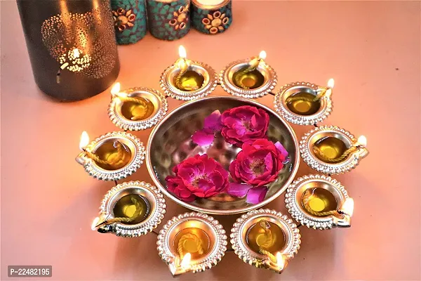 Diya Shape Flower Brass Decorative Urli Bowl for Home Handcrafted Bowl for Floating Flowers and Tea Light Candles Home ,Office and Table Decor| Diwali Decoration Items for Home ( 10 Inches)-thumb2