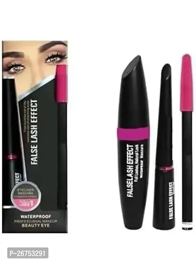 3 In 1 Eyeliner, Mascara, Eyebrow Pencil (False Lash Effect) In Combo Pack For All Women  Girls Waterproof Eyeliner, Mascara, Eyebrow Pencil,Lipstick,Sketch eyeliner,Waterproof kajal, Black