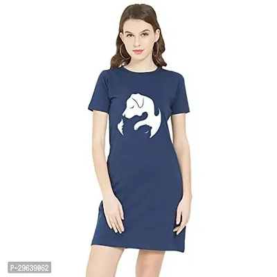 Stylish Navy Blue Cotton Blend Printed T-shirt Dress For Women