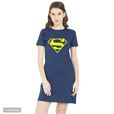 Stylish Navy Blue Cotton Blend Printed T-shirt Dress For Women