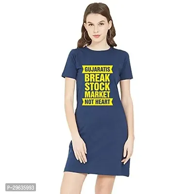 Stylish Navy Blue Cotton Blend Printed T-shirt Dress For Women