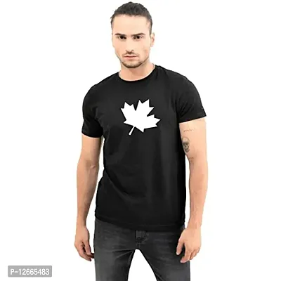 QAMASH Maple Leaf Print Cotton Printed Half Sleeves Round Neck T-Shirt Black