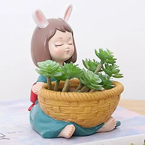 Cute Beautiful Girl Basket Succulent Planter Pots Resin Flowerpot Plant Pots Planter Container for Home Garden Office Desktop Decoration Green Balcony Decor Without Plant for Usage Indoor