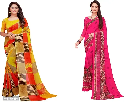 Stylish Georgette Multicoloured Printed Saree with Blouse piece For Women Pack Of 2-thumb0