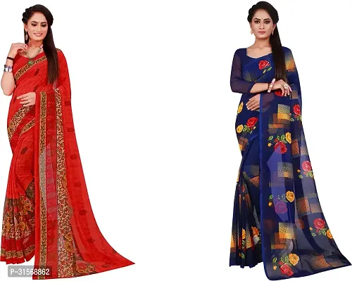 Stylish Georgette Multicoloured Printed Saree with Blouse piece For Women Pack Of 2-thumb0