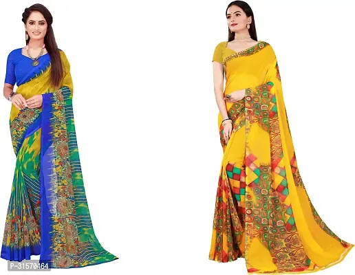 Stylish Georgette Multicoloured Printed Saree with Blouse piece For Women Pack Of 2-thumb0