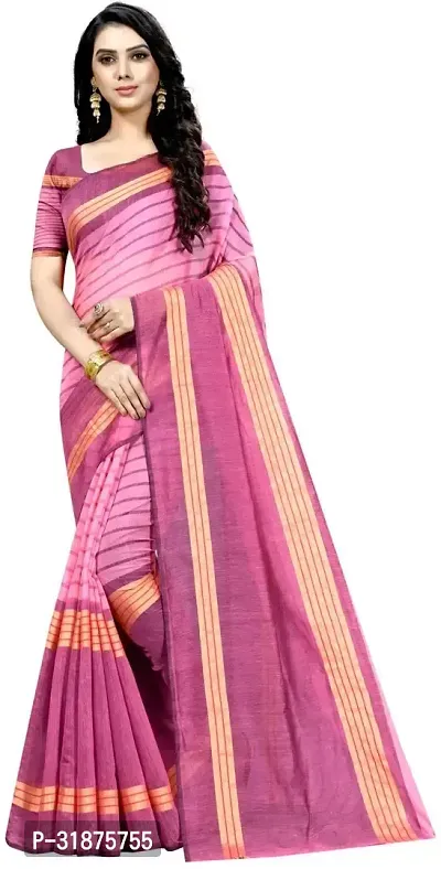 Stylish Pink Cotton Silk Saree With Blouse Piece For Women-thumb0