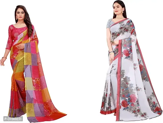 Stylish Georgette Multicoloured Printed Saree with Blouse piece For Women Pack Of 2-thumb0