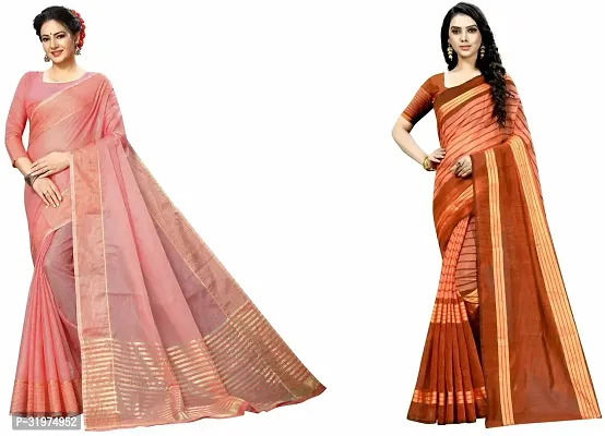 Stylish Multicoloured Cotton Silk Woven Design Saree With Blouse Piece For Women Pack Of 2-thumb0