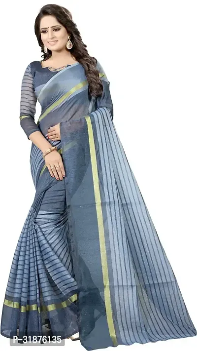 Stylish Grey Cotton Silk Saree With Blouse Piece For Women-thumb0