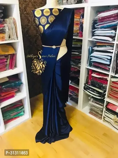 Stylish Satin Blue Solid Saree with Blouse piece For Women-thumb0