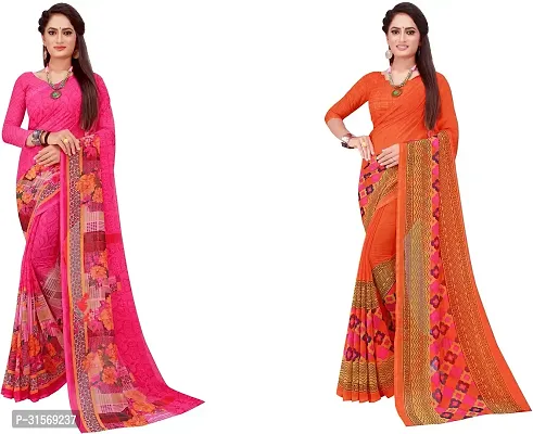 Stylish Georgette Multicoloured Printed Saree with Blouse piece For Women Pack Of 2-thumb0