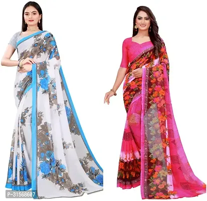 Stylish Georgette Multicoloured Printed Saree with Blouse piece For Women Pack Of 2-thumb0