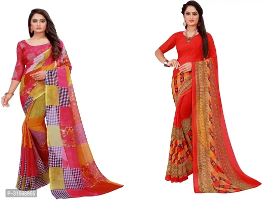 Stylish Georgette Multicoloured Printed Saree with Blouse piece For Women Pack Of 2-thumb0