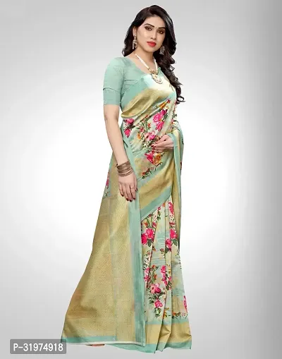 Stylish Blue Cotton Silk Printed Saree With Blouse Piece For Women-thumb3