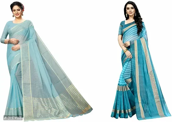 Stylish Multicoloured Cotton Silk Woven Design Saree With Blouse Piece For Women Pack Of 2-thumb0