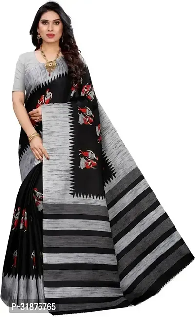 Stylish Black Cotton Silk Saree With Blouse Piece For Women-thumb0