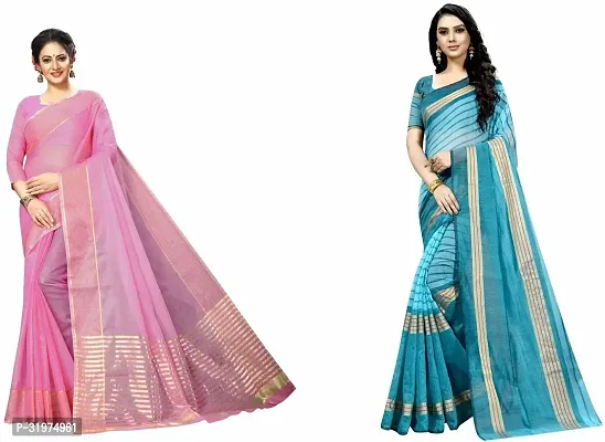 Stylish Multicoloured Cotton Silk Woven Design Saree With Blouse Piece For Women Pack Of 2-thumb0