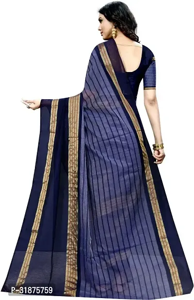 Stylish Navy Blue Cotton Silk Saree With Blouse Piece For Women-thumb2