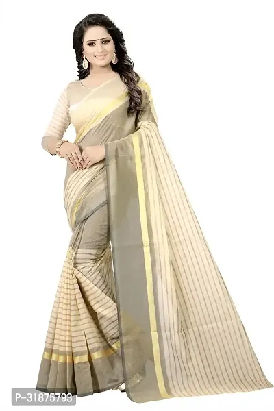 Stylish Beige Cotton Silk Saree With Blouse Piece For Women-thumb0