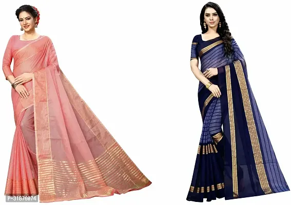 Stylish Multicoloured Cotton Silk Saree With Blouse Piece For Women Pack Of 2-thumb0