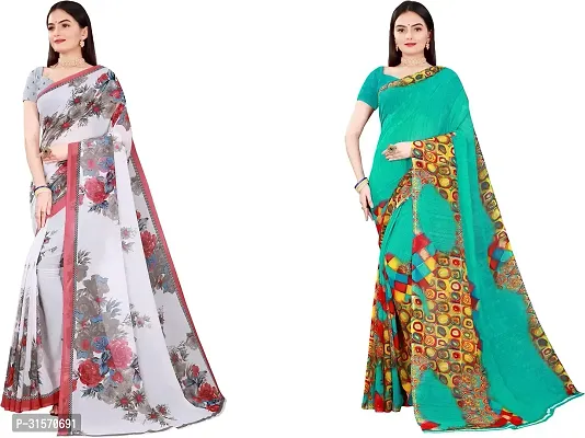 Stylish Georgette Multicoloured Printed Saree with Blouse piece For Women Pack Of 2-thumb0