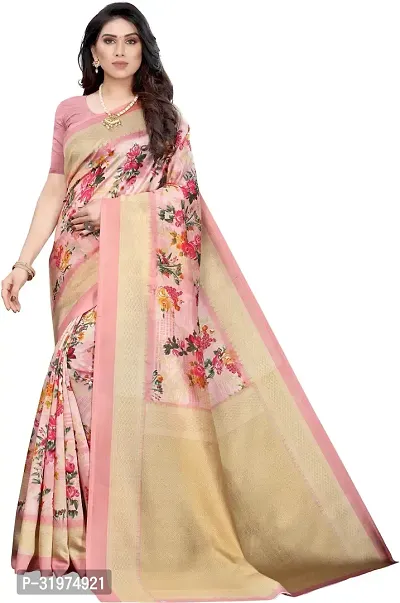 Stylish Pink Cotton Silk Printed Saree With Blouse Piece For Women