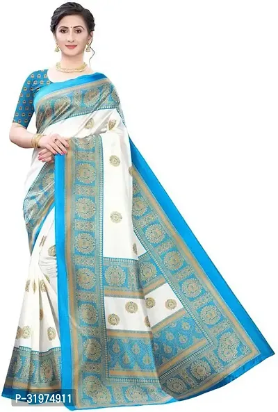 Stylish Teal Art Silk Printed Saree With Blouse Piece For Women-thumb0