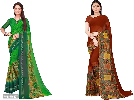 Stylish Georgette Multicoloured Printed Saree with Blouse piece For Women Pack Of 2-thumb0