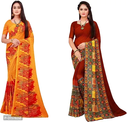 Stylish Georgette Multicoloured Printed Saree with Blouse piece For Women Pack Of 2-thumb0