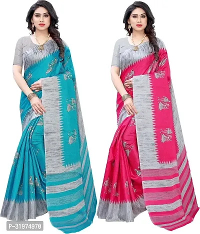 Stylish Blue Art Silk Printed Saree With Blouse Piece For Women Pack Of 2