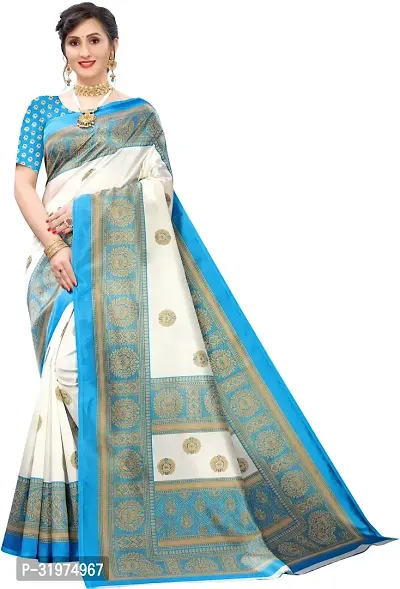 Stylish Teal Art Silk Printed Saree With Blouse Piece For Women-thumb0