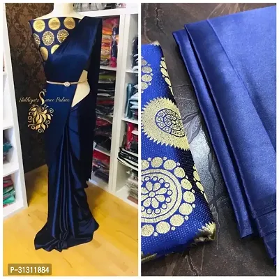 Stylish Satin Blue Solid Saree with Blouse piece For Women-thumb0