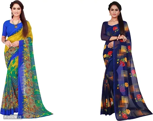 Stylish Georgette Multicoloured Printed Saree with Blouse piece For Women Pack Of 2-thumb0