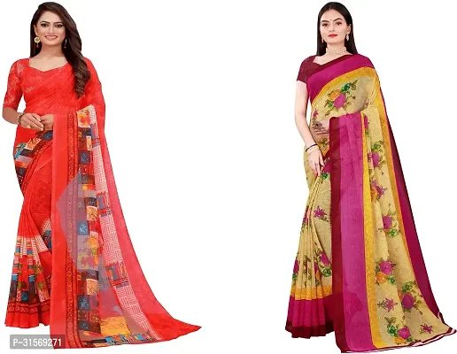 Stylish Georgette Multicoloured Printed Saree with Blouse piece For Women Pack Of 2-thumb0