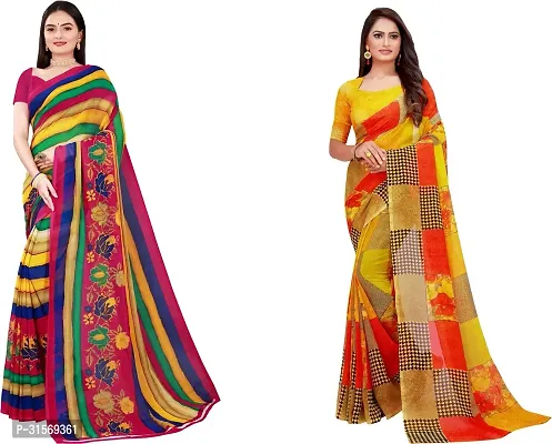 Stylish Georgette Multicoloured Printed Saree with Blouse piece For Women Pack Of 2-thumb0