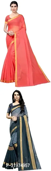 Stylish Multicoloured Cotton Silk Woven Design Saree With Blouse Piece For Women Pack Of 2-thumb0