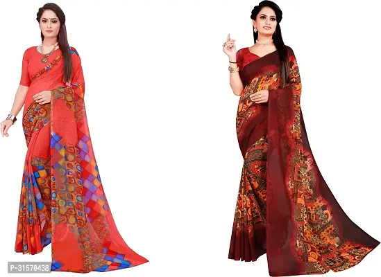 Stylish Georgette Multicoloured Printed Saree with Blouse piece For Women Pack Of 2-thumb0