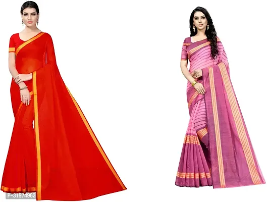 Stylish Multicoloured Cotton Silk Woven Design Saree With Blouse Piece For Women Pack Of 2-thumb0