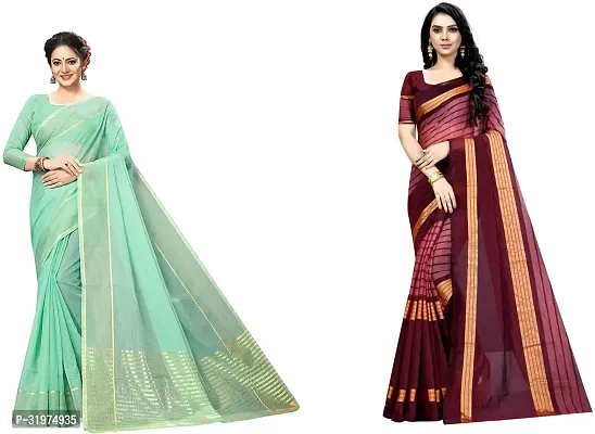 Stylish Multicoloured Cotton Silk Woven Design Saree With Blouse Piece For Women Pack Of 2-thumb0