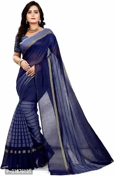 Stylish Navy Blue Cotton Silk Saree With Blouse Piece For Women-thumb0