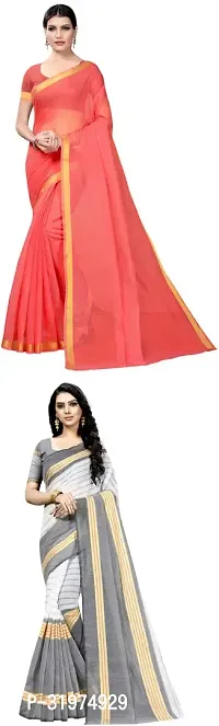 Stylish Multicoloured Cotton Silk Woven Design Saree With Blouse Piece For Women Pack Of 2-thumb0