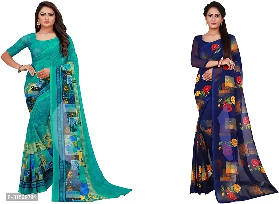 Stylish Georgette Multicoloured Printed Saree with Blouse piece For Women Pack Of 2-thumb0