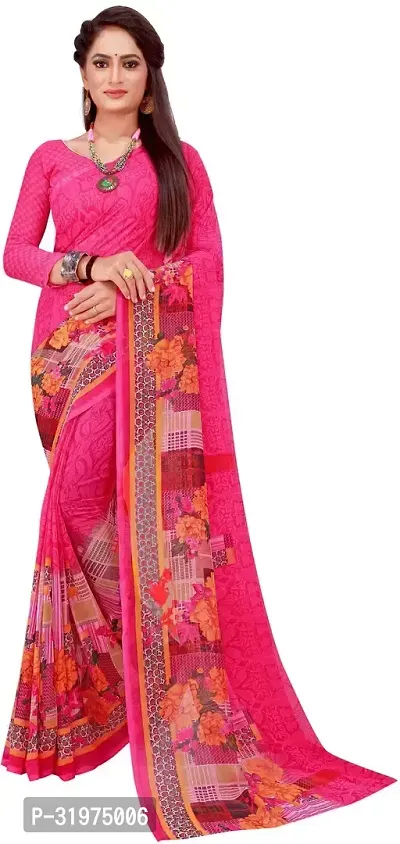 Stylish Pink Georgette Printed Saree With Blouse Piece For Women-thumb0