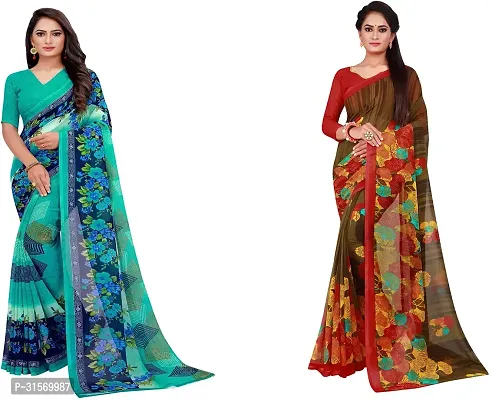 Stylish Georgette Multicoloured Printed Saree with Blouse piece For Women Pack Of 2-thumb0