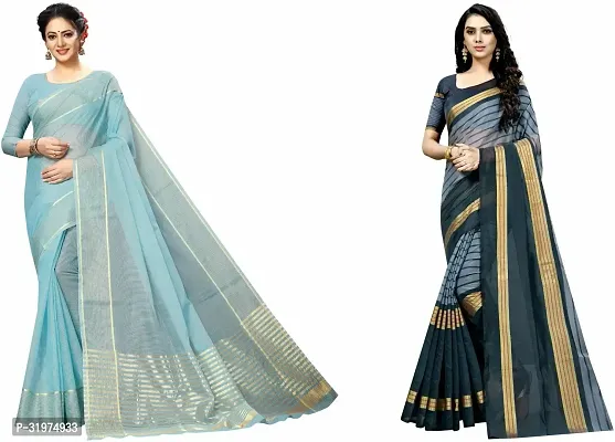 Stylish Multicoloured Cotton Silk Woven Design Saree With Blouse Piece For Women Pack Of 2-thumb0