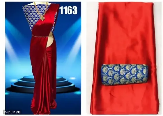 Stylish Satin Red Solid Saree with Blouse piece For Women