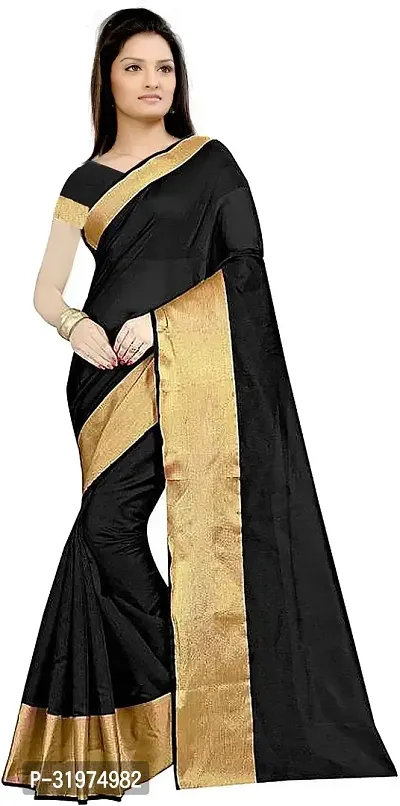 Stylish Black Cotton Silk Printed Saree With Blouse Piece For Women-thumb0