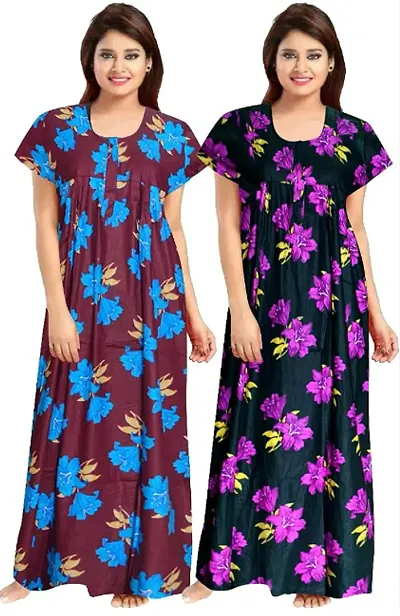 HOORANI Enterprises 100% Cotton Nighty for Women || Long Length Printed Nighty/Maxi/Night Gown/Night Dress/Nightwear Inner & Sleepwear for Women's (Combo Pack of 2)